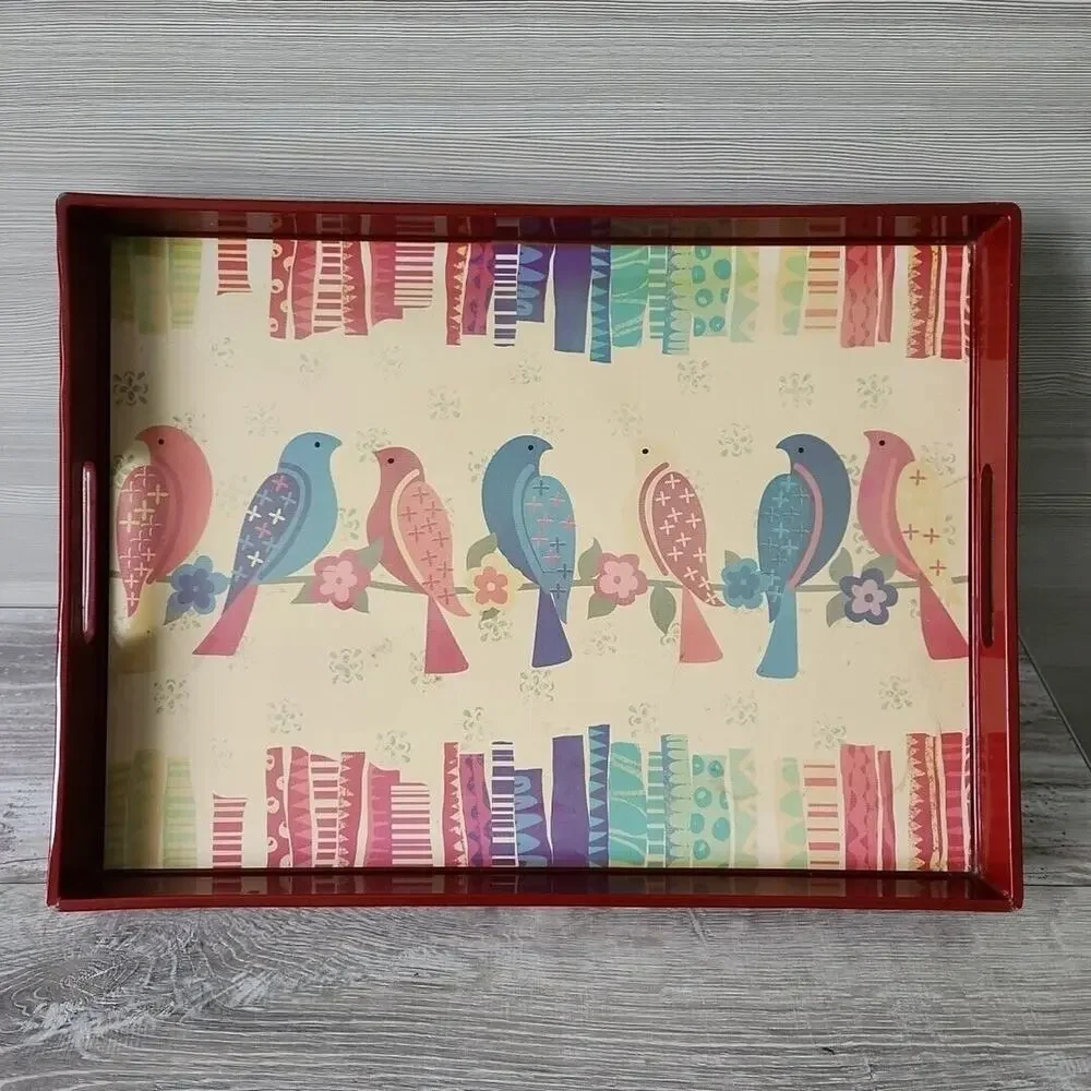 Pier 1 Imports Red Wood Table Tray‎ Accent Bird on a wire Pattern 18